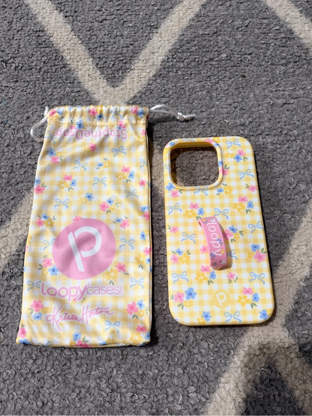 LoopyCases Floral Yellow Gingham Phone Case with Pink Loopy Strap and pouch
